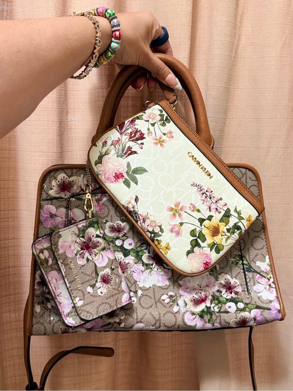 Calvin Klein Floral Satchel Set in Brown and Cream with Pink Accents